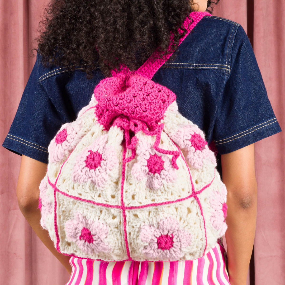 Crochet Flower Power Backpack made using Red Heart yarn