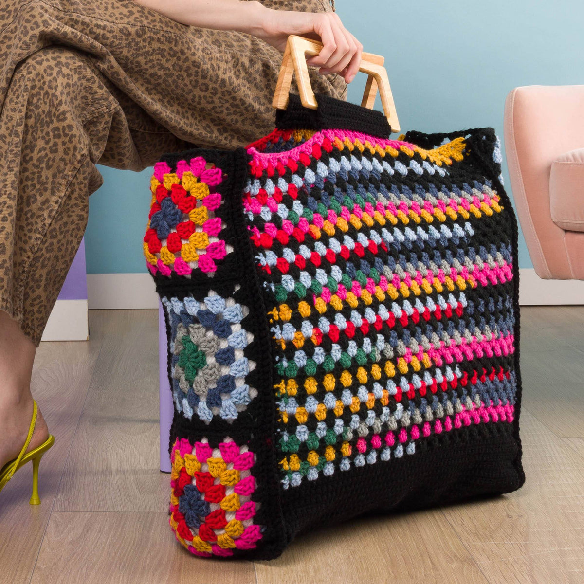 Granny Squares & Stripes Crochet Tote made using Red Heart yarn