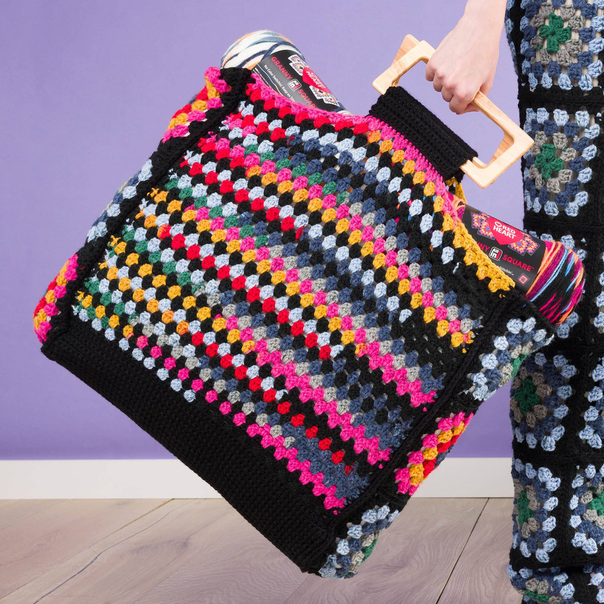 Granny Squares & Stripes Crochet Tote made using Red Heart yarn