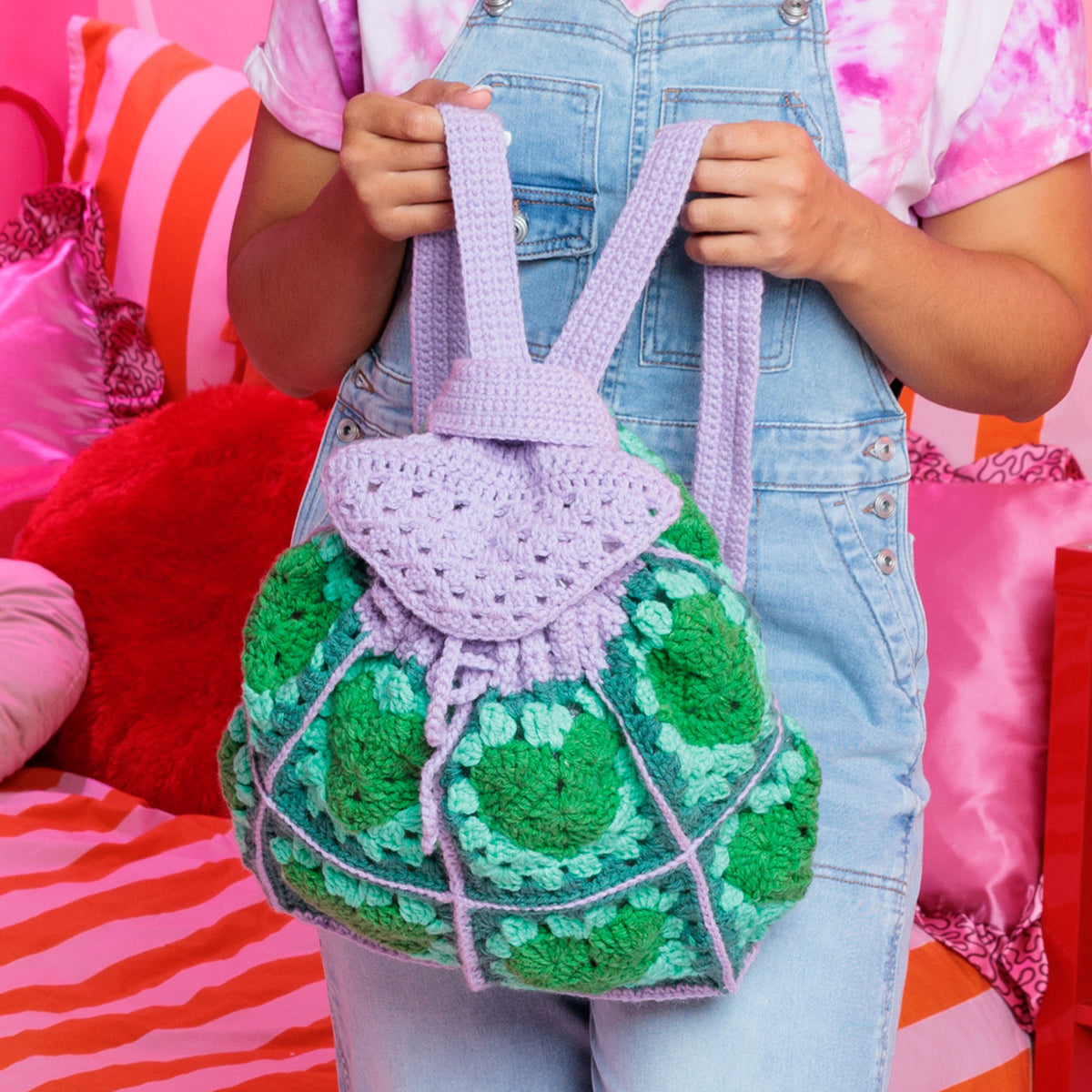 Pack A Heart Crochet Backpack made using Red Heart yarn