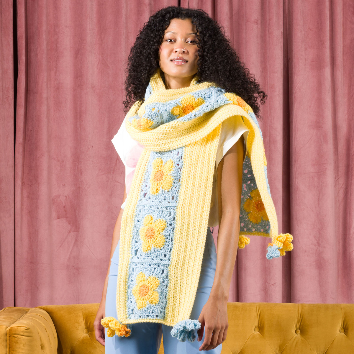 Crochet Flower Power Scarf made using Red Heart yarn
