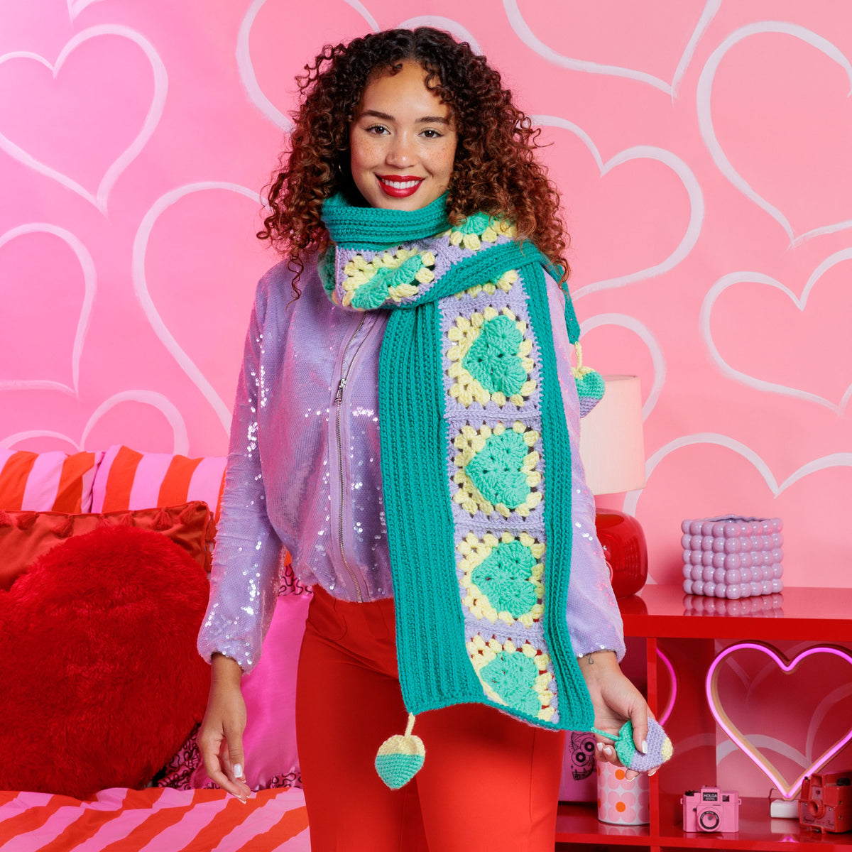 Hearts All Around Crochet Scarf made using Red Heart yarn