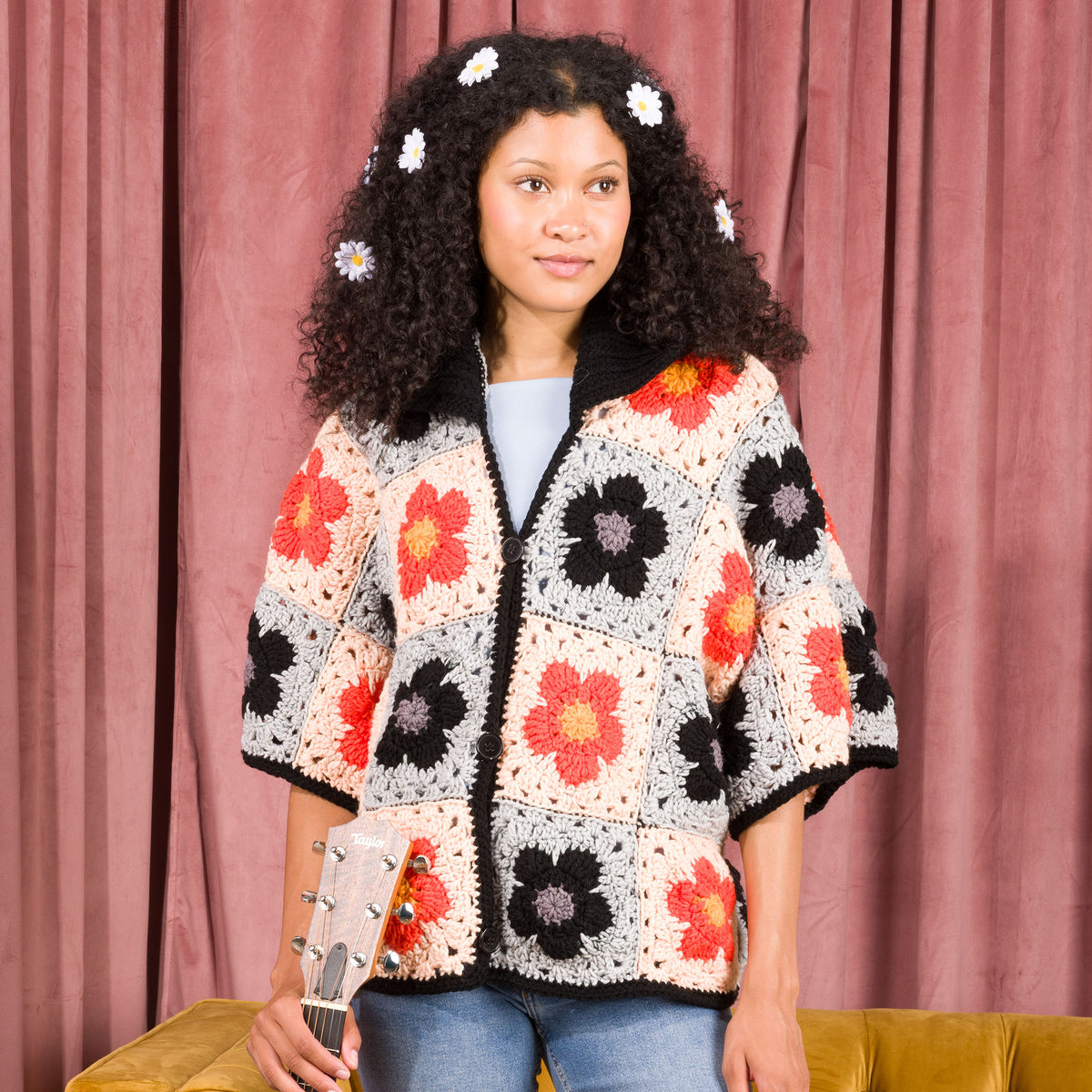 Crochet Blooming Grannies Cardigan made using Red Heart yarn