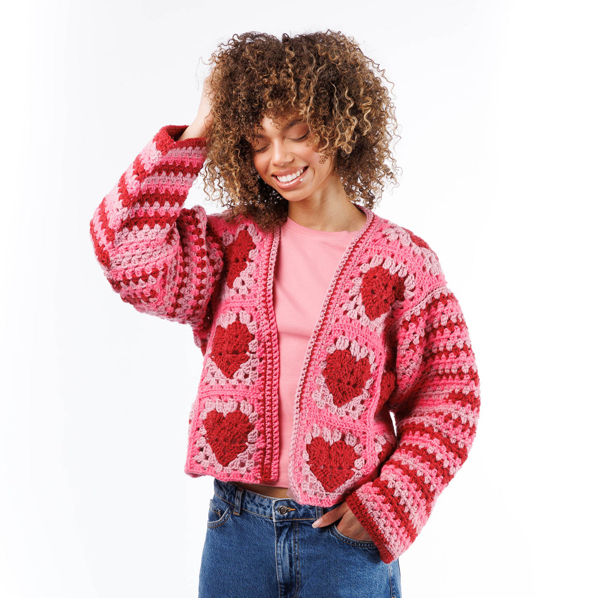 Crochet Party Hearty Cardi made using Red Heart yarn