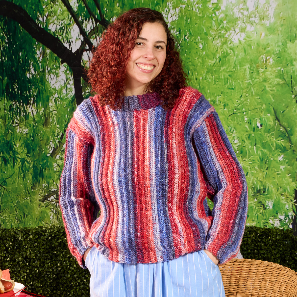 Sizzling Stripes Crochet Pullover made using Red Heart yarn