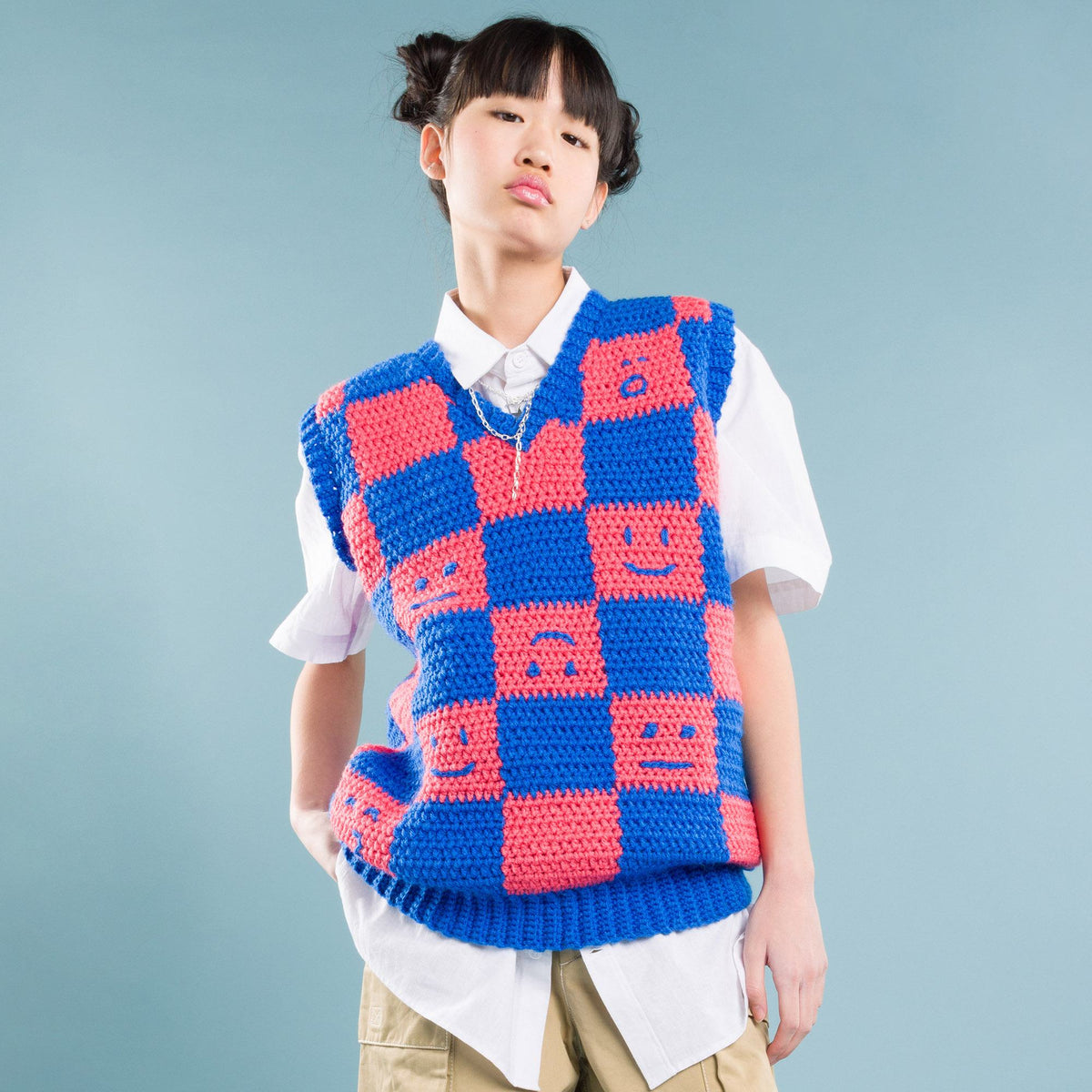 Crochet Checkerboard Mood Sweater Vest made using Red Heart yarn