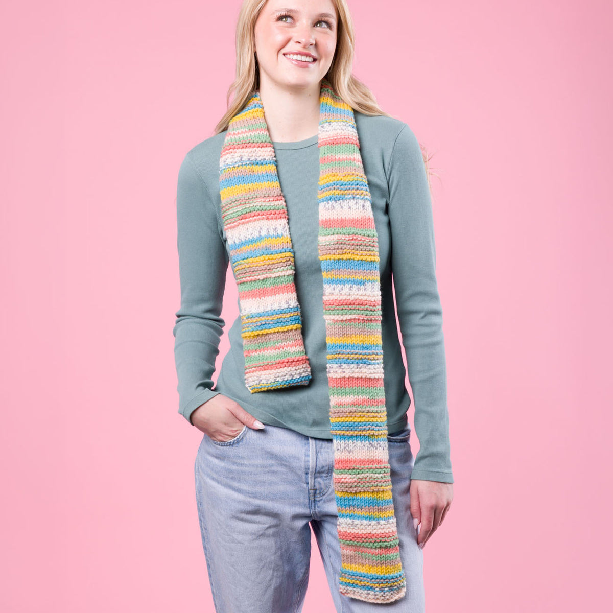 One Warm Coat Knit Scarf made using Red Heart yarn