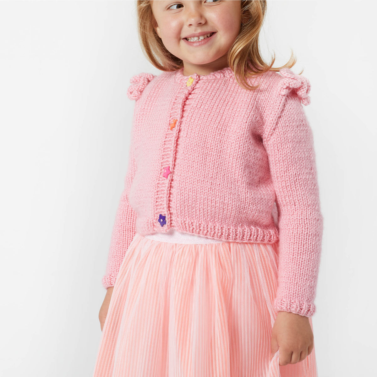 Ruffled Shoulder Knit Cardigan made using Red Heart yarn