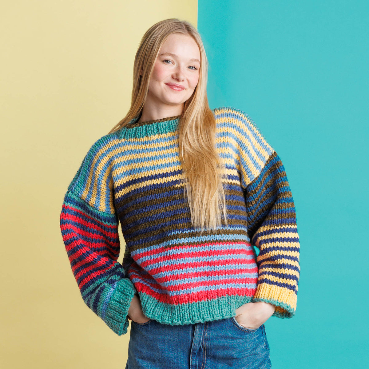 Stripes For Beginner Knit Pullover made using Red Heart yarn
