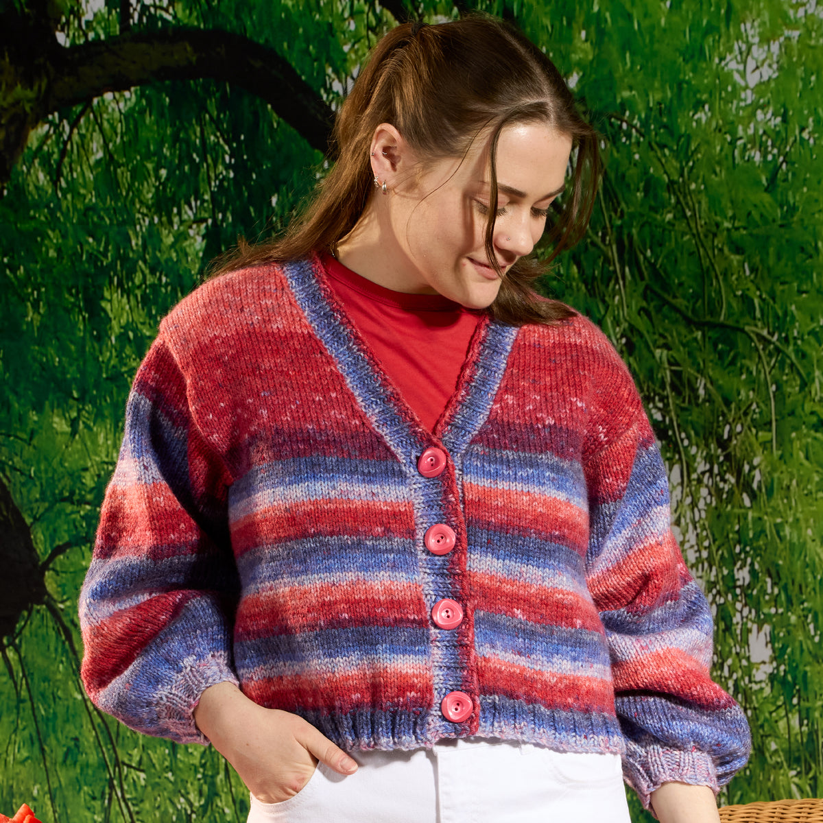 Knifty Knit Cardigan made using Red Heart yarn