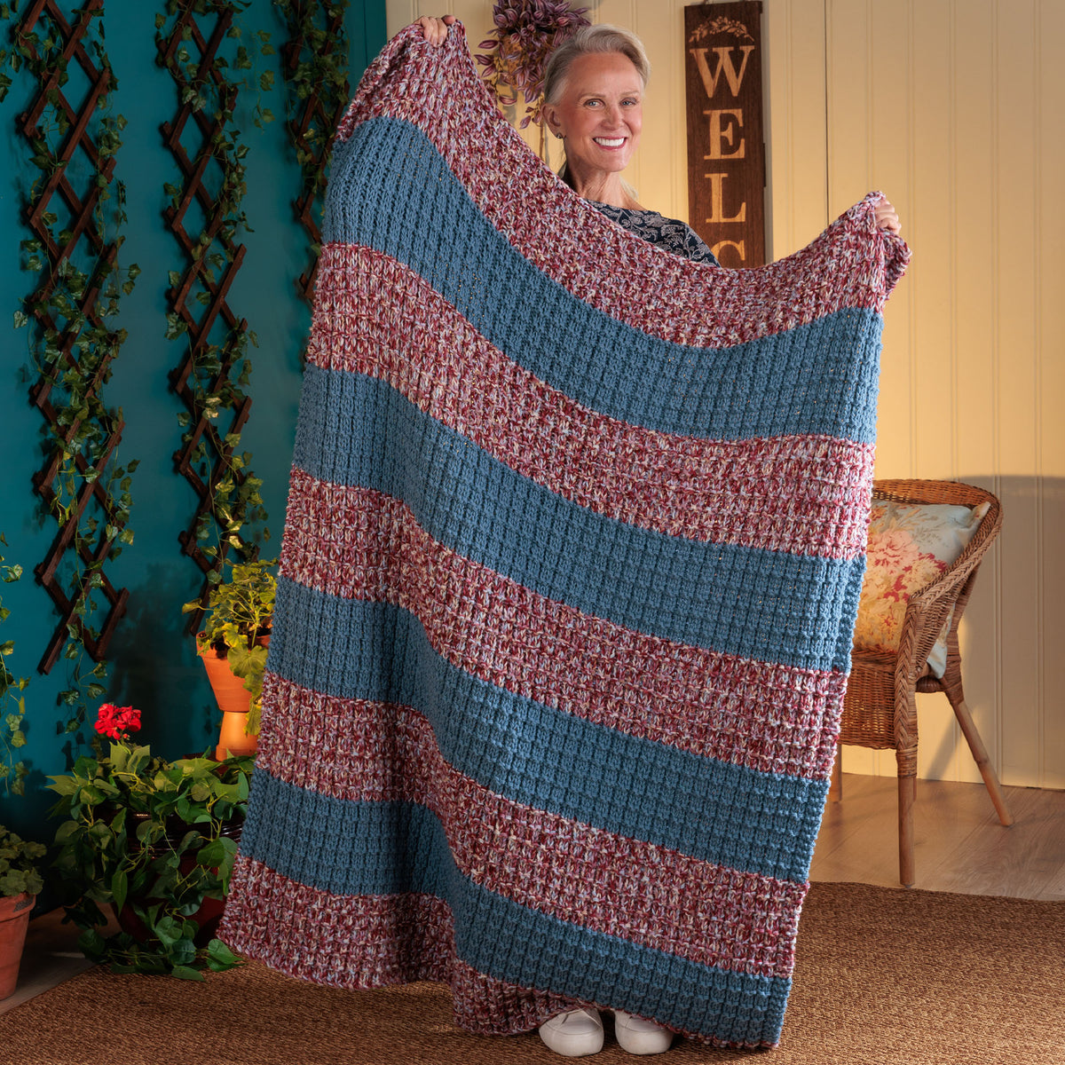 Waffle Knit Cozy Blanket made using Red Heart yarn