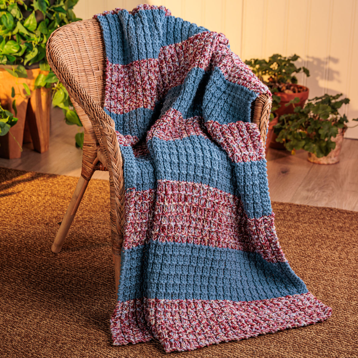 Waffle Knit Cozy Blanket made using Red Heart yarn