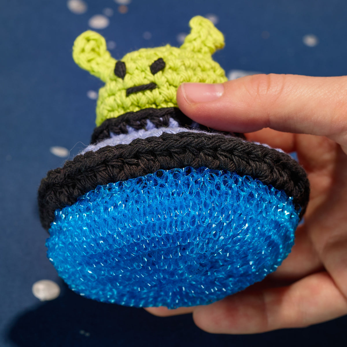 Take Me To Your Cleaner Crochet Scrubber made using Lily yarn in a styled lifestyle setting