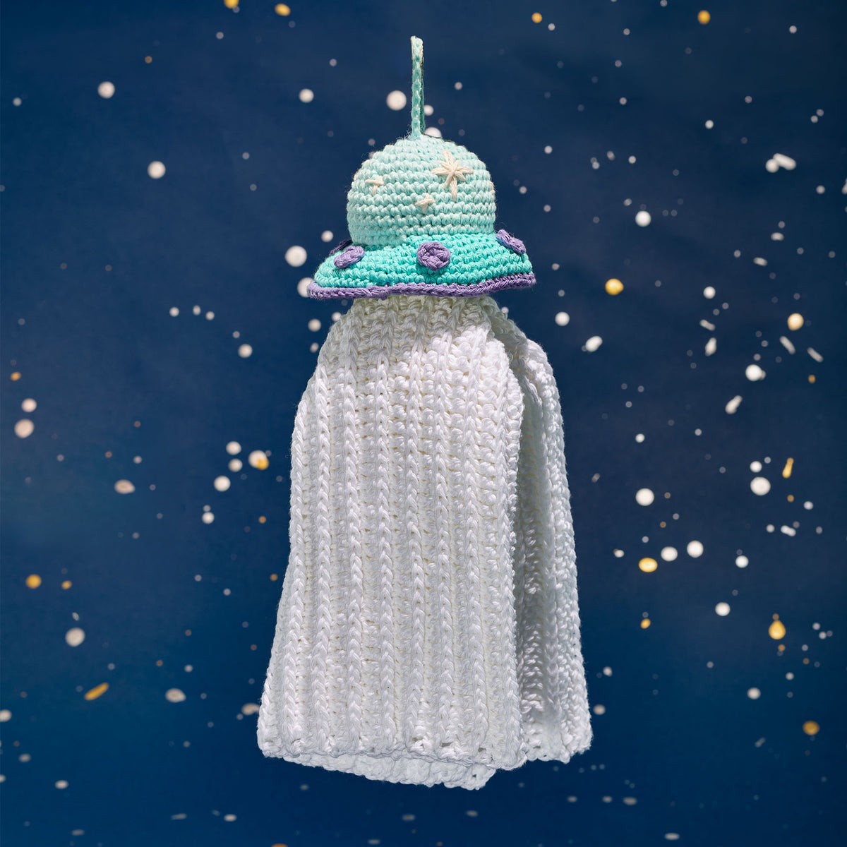 Beam Me Up Crochet Tea Towel And Topper made using Lily yarn