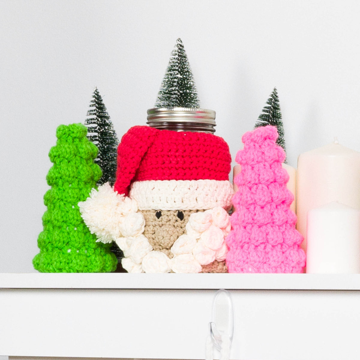 Santa Claus Candy Jar Cozy made using Lily yarn