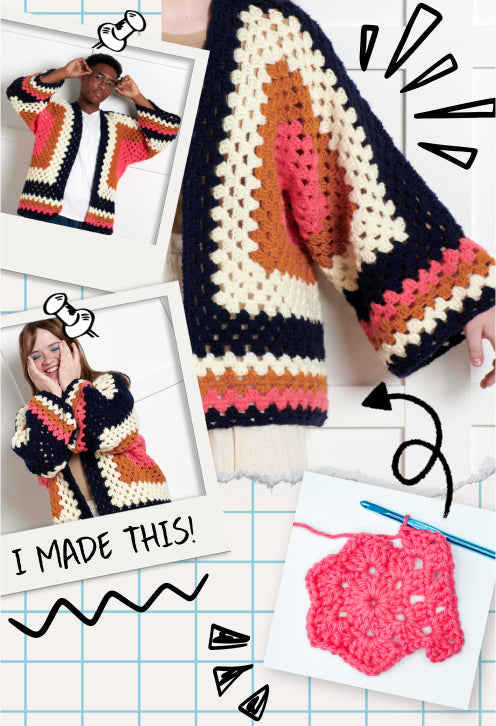 Scrapbook collage of crochet hexagon cardigan