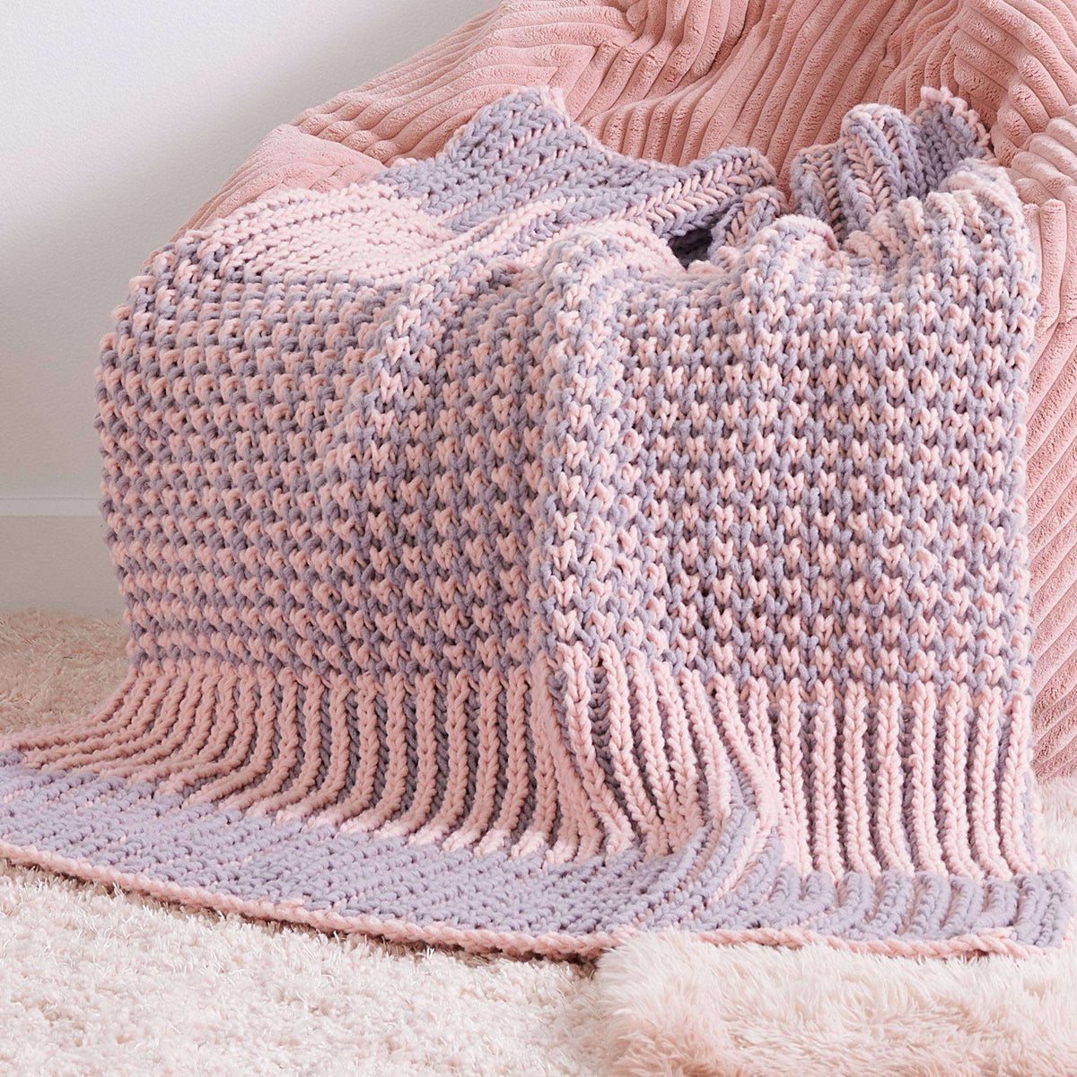 Knit Blanket made in Bernat Forever Fleece yarn