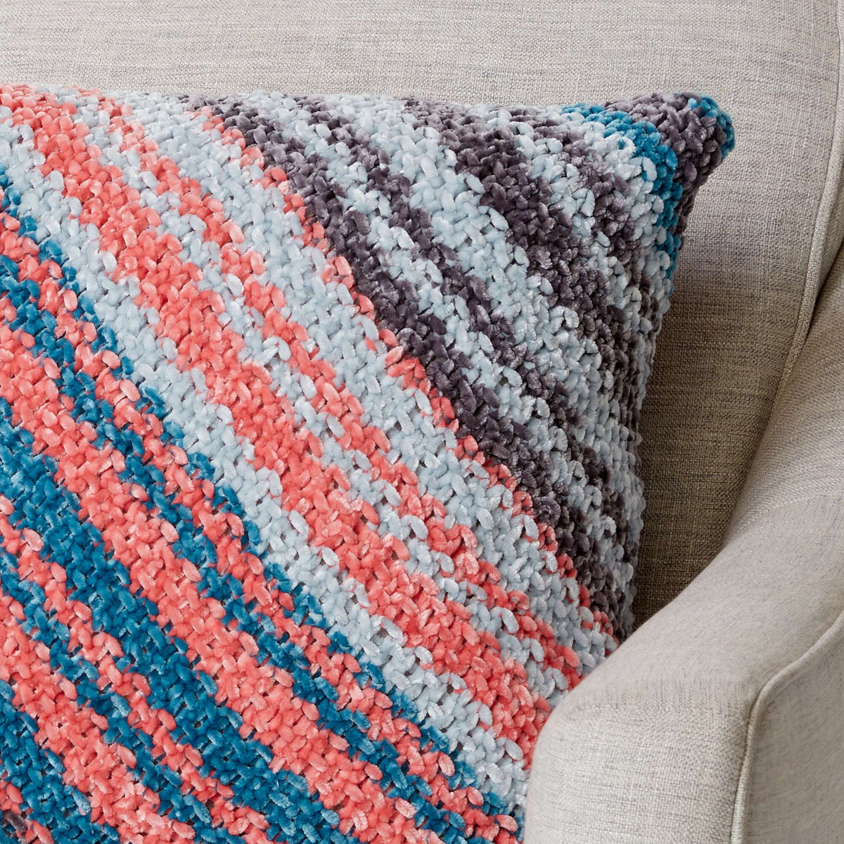 Knit Pillow made in Bernat Velvet Stripes yarn