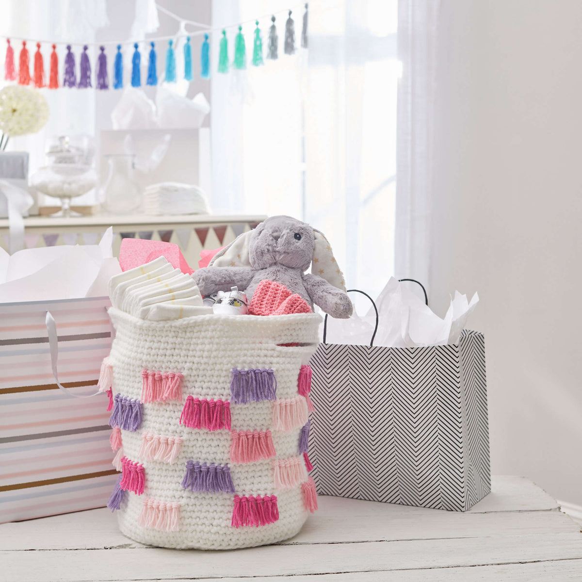 Crochet Basket made in Red Heart Bunches of Hugs Yarn