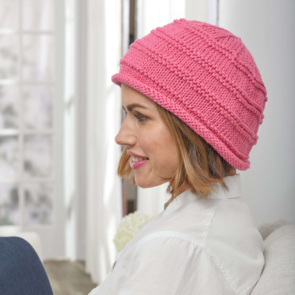 Knit Hat made in Red Heart Scrubby Smoothie Yarn