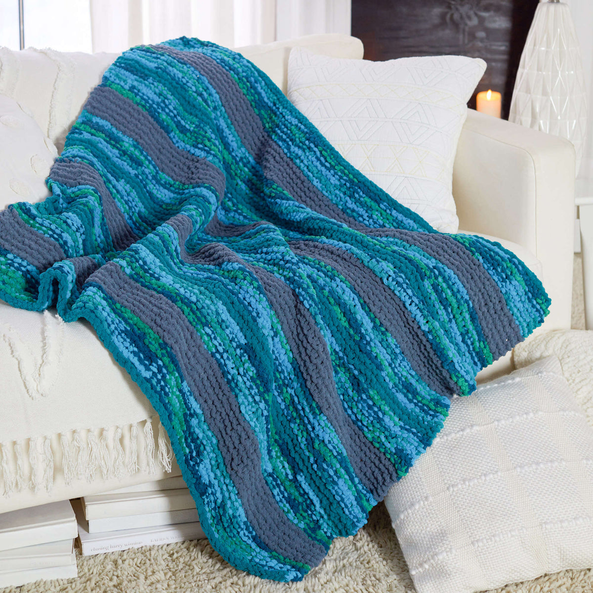 Knit throw made in Red Heart Sweet Home Yarn
