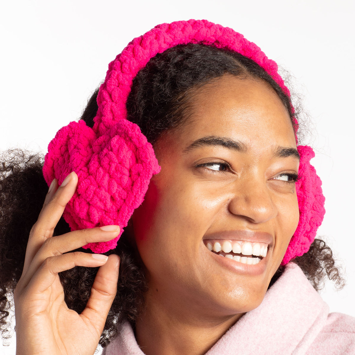 Crochet Winter Love Earmuffs made using Bernat yarn