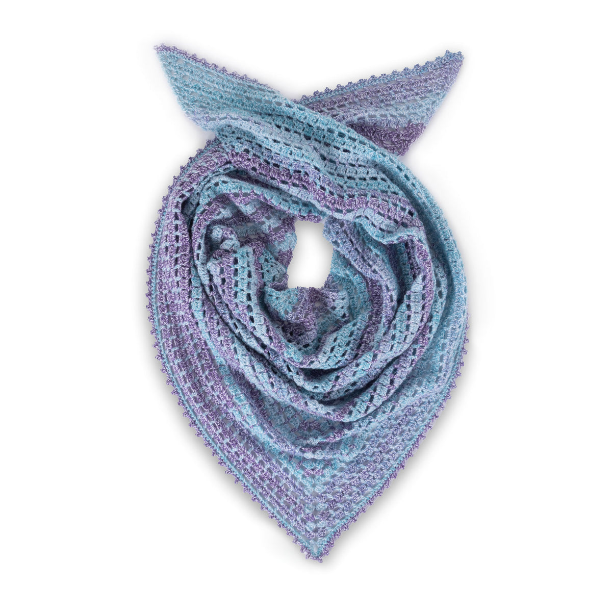 A crocheted shawl with a gradient of blue to purple colors, featuring a picot edging,Amethyst