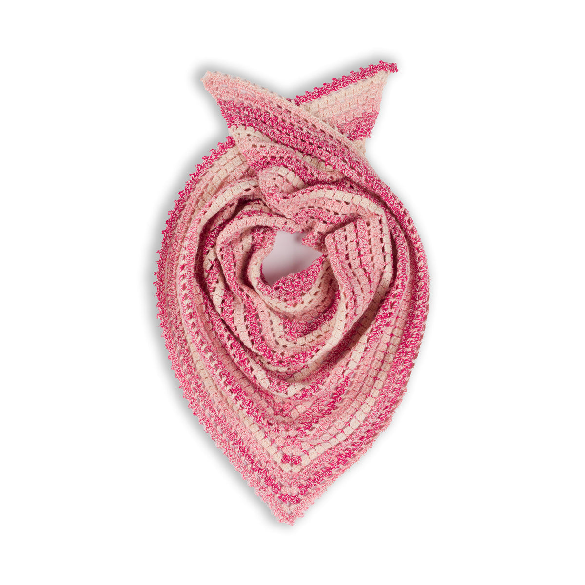 A crocheted shawl with a gradient of blue to purple colors, featuring a picot edging,Lollipop Pink