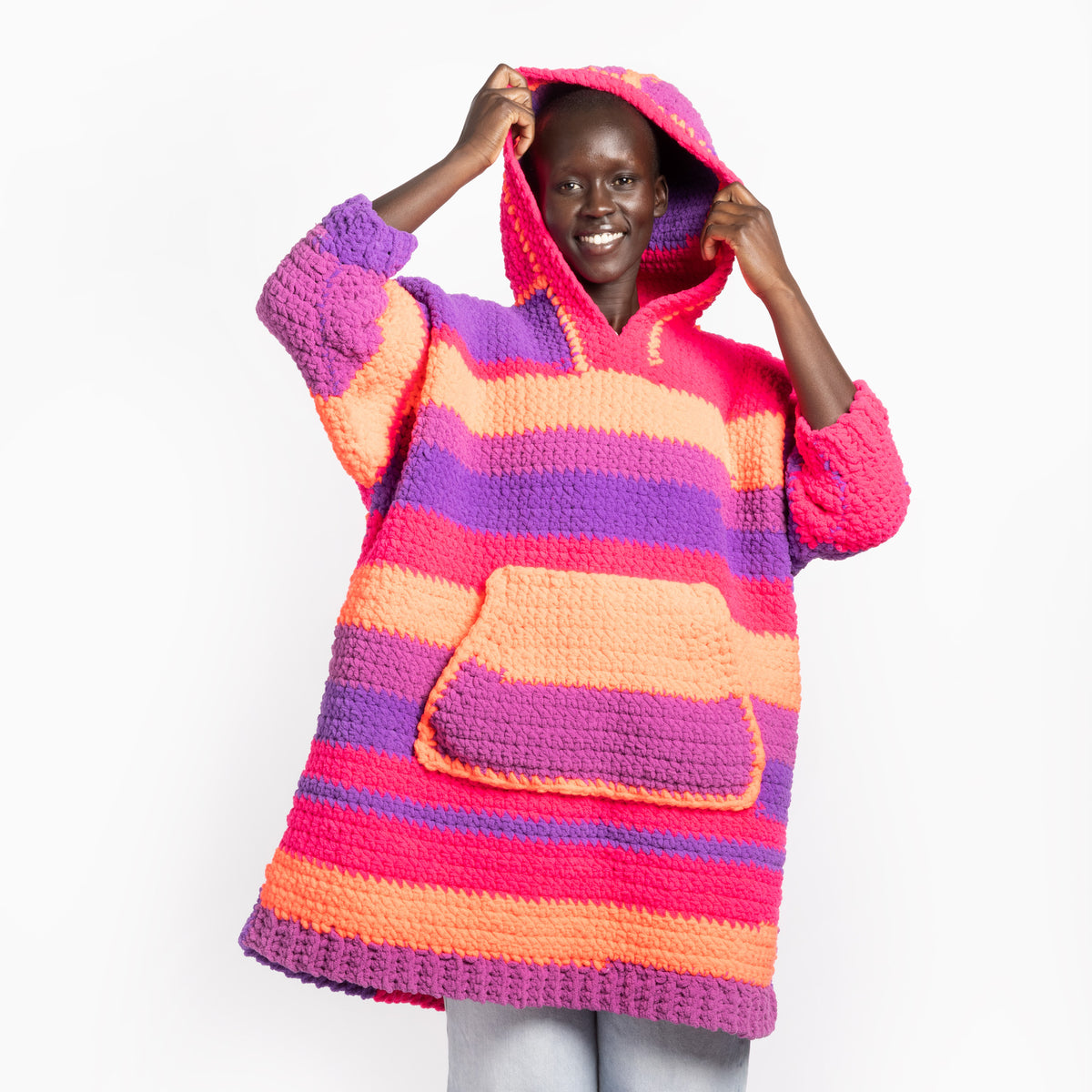 Crochet Hood made in Bernat Blanket Stripes Yarn