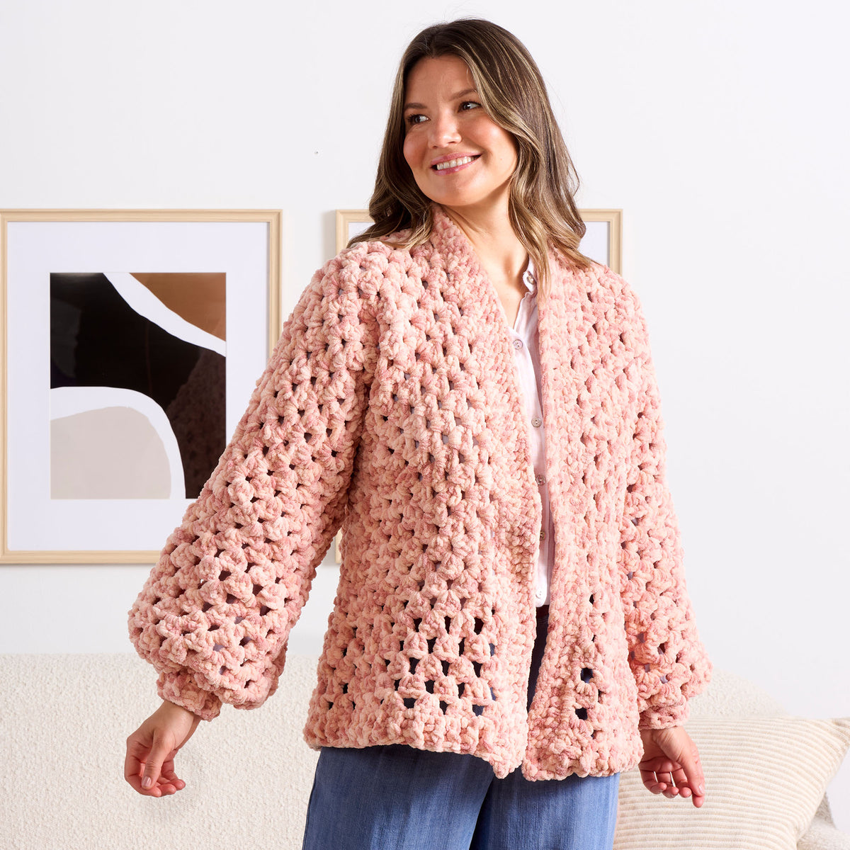 Hexi Hug Crochet Blanket Cardigan made using Bernat yarn