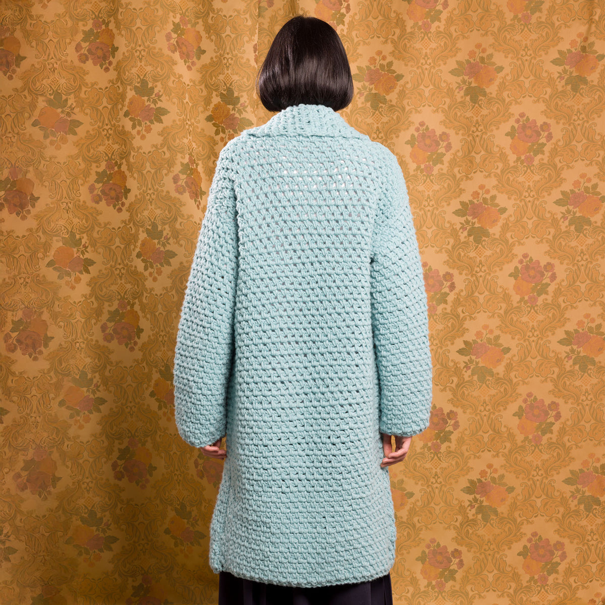 Crochet Moss-Stitch Car Coat made using Bernat yarn