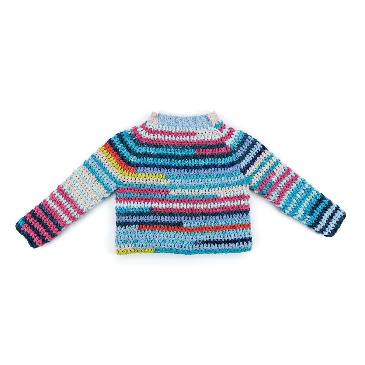 Patchwork Crochet Pullover made using Bernat yarn in a styled lifestyle setting