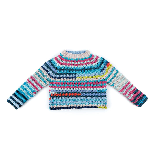 Patchwork Crochet Pullover made using Bernat yarn on a white background