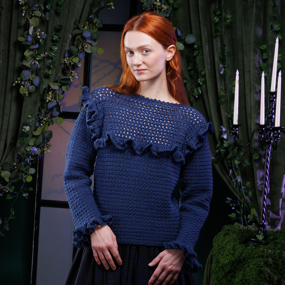 Crochet Vintage Ruffle Top made using Bernat yarn