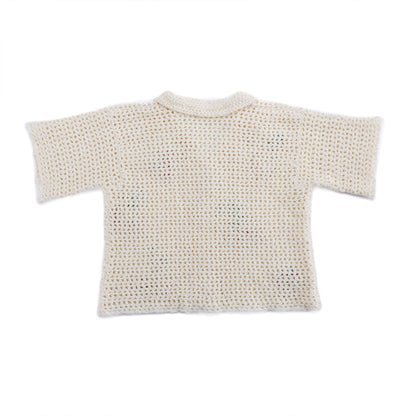 Bernat Crochet Fruit Bowl Camp Shirt Crochet Fruit Bowl Camp Shirt made using Bernat yarn in a styled lifestyle setting