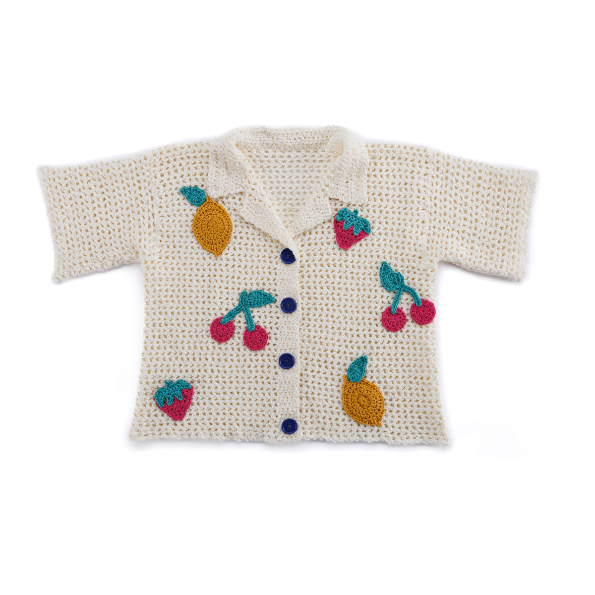 Crochet Fruit Bowl Camp Shirt made using Bernat yarn on a white background