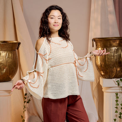 Bernat Crochet Grecian Top Crochet Grecian Top made using Bernat yarn in a styled lifestyle setting