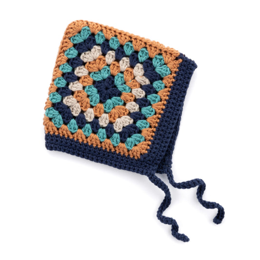 Crochet Granny Square Baby Bonnet made using Bernat yarn