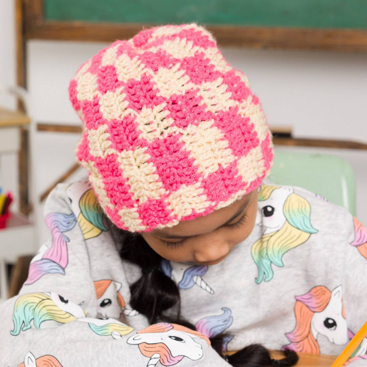Side-To-Side Checkerboard Crochet Hat made using Bernat yarn