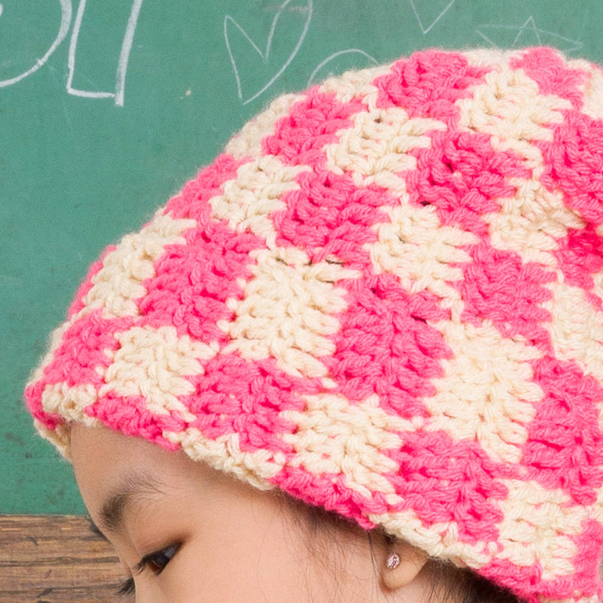 Side-To-Side Checkerboard Crochet Hat made using Bernat yarn