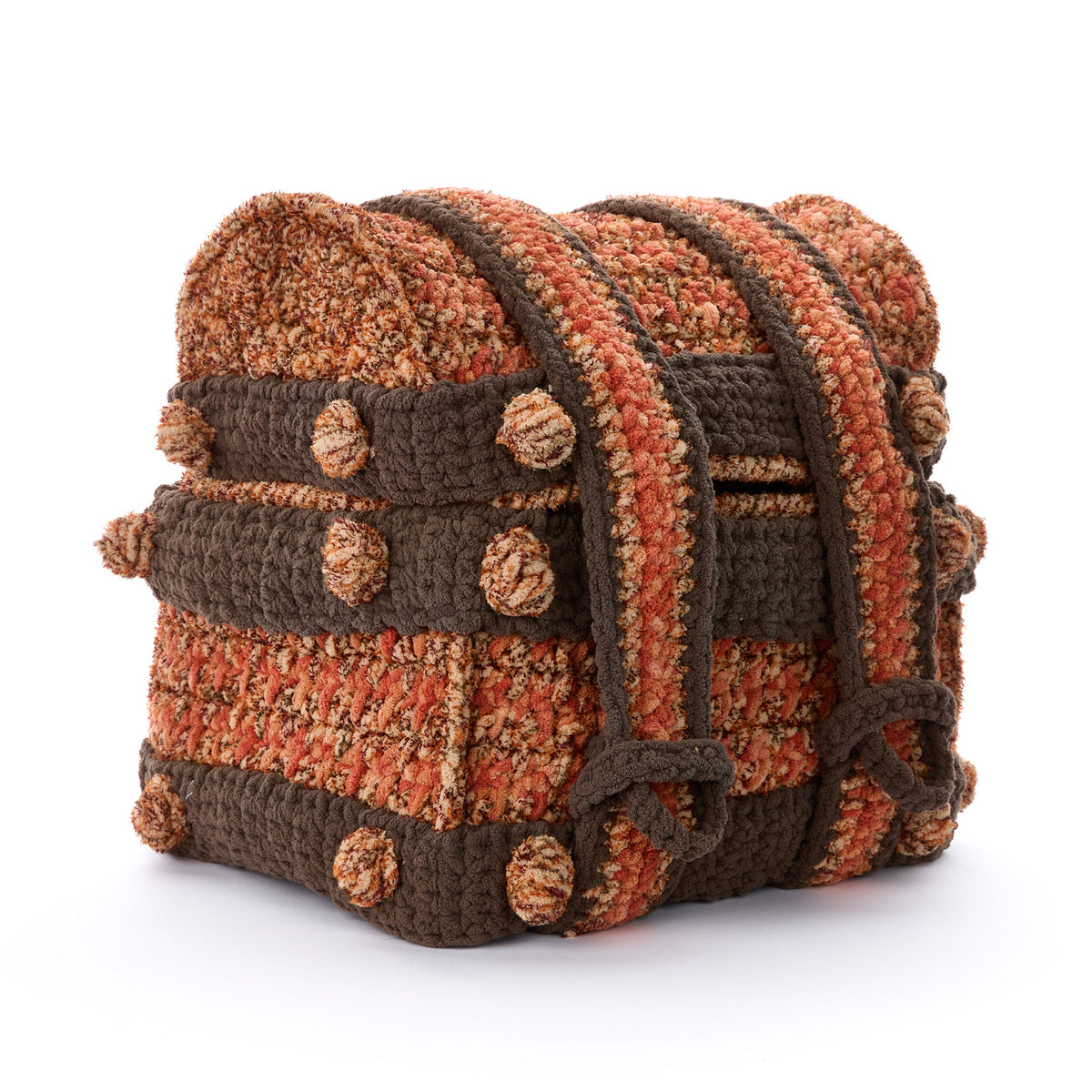 Treasure Crochet Chest Play Set made using Bernat yarn on a white background