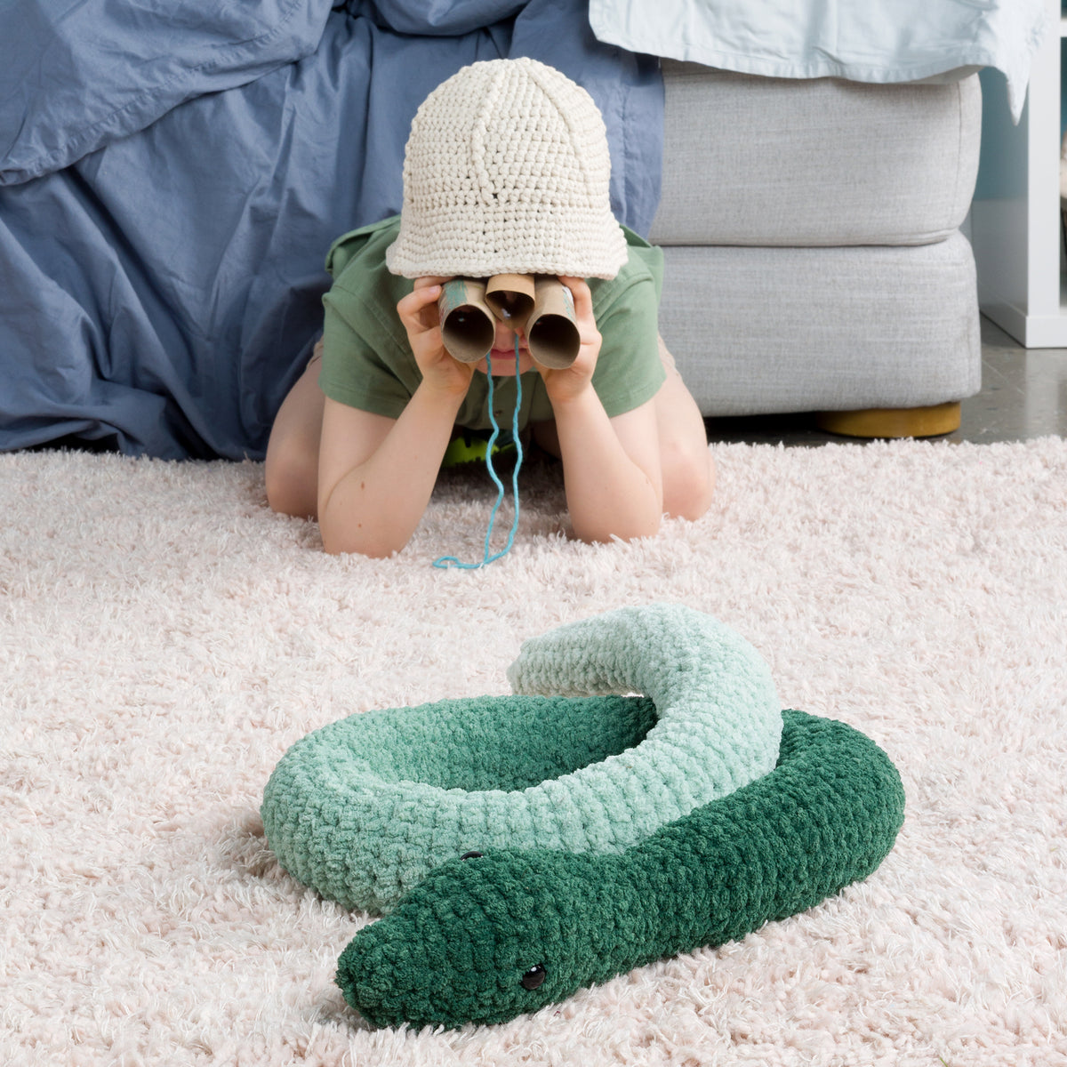 Crochet Snake Sssidekick made using Bernat yarn