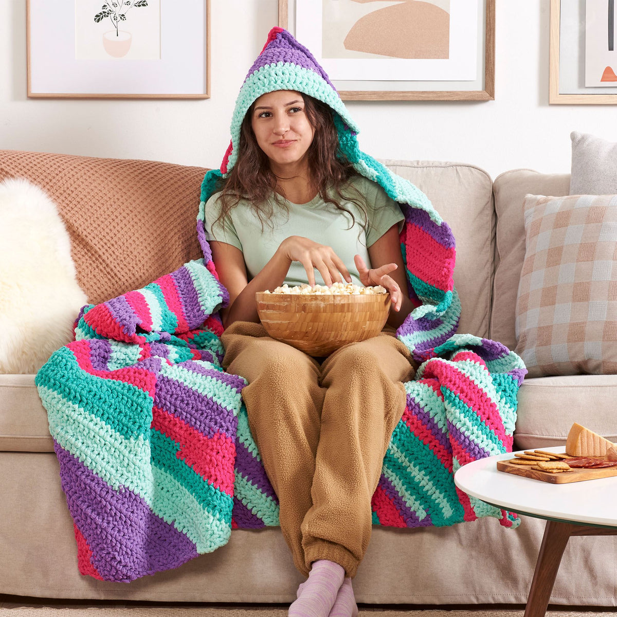 Crochet HoodedThrow made in Bernat Blanket Stripes Yarn