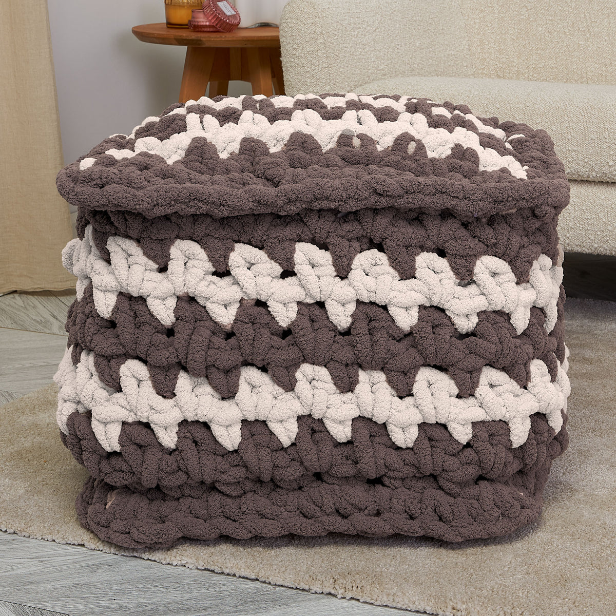Soft Launch Crochet Pouffe made using Bernat yarn in a styled lifestyle setting