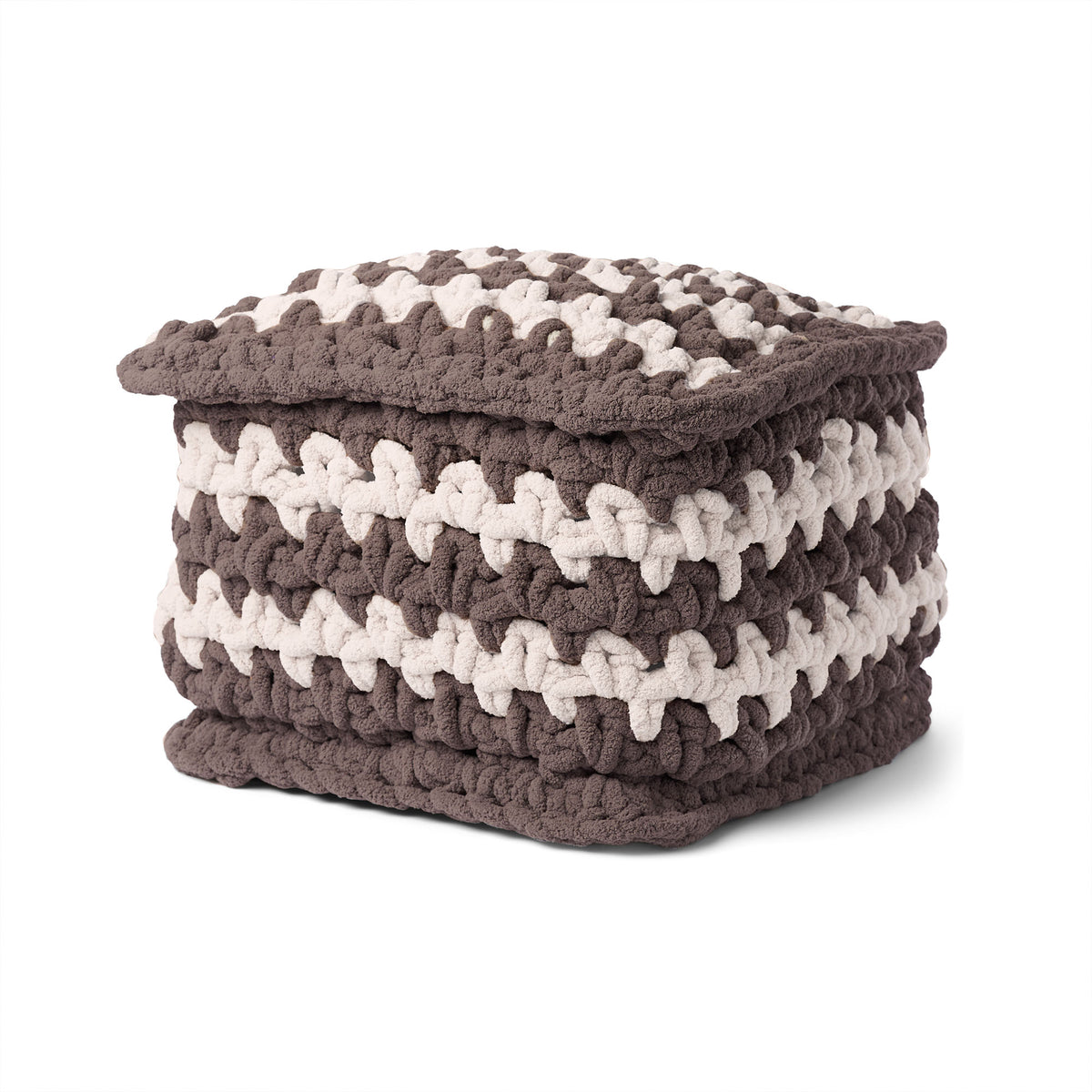 Soft Launch Crochet Pouffe made using Bernat yarn on a white background
