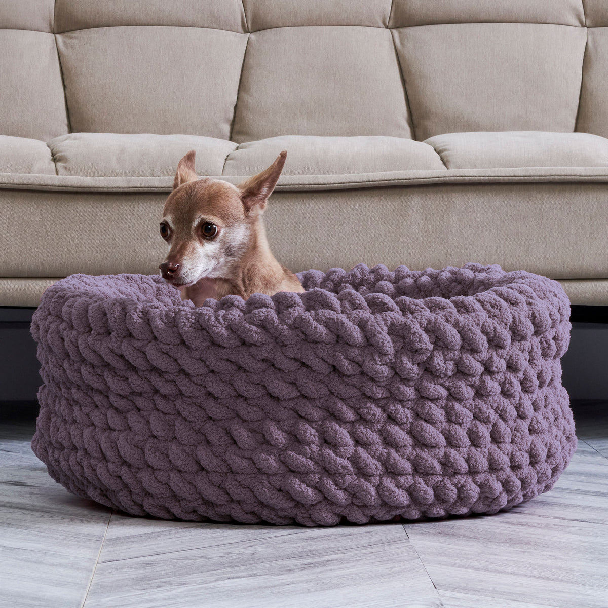 Woolly Wonder Crochet Pet Nest made using Bernat yarn in a styled lifestyle setting