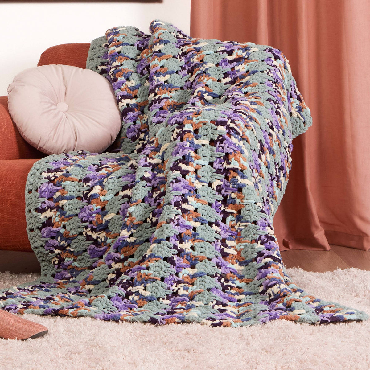 Birdsong Crochet Larksfoot Blanket made using Bernat yarn