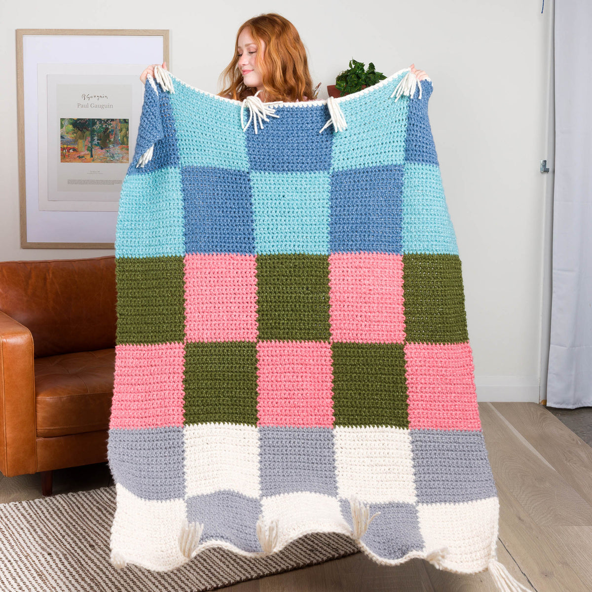 Crochet Contrast Check Blanket made using Bernat yarn