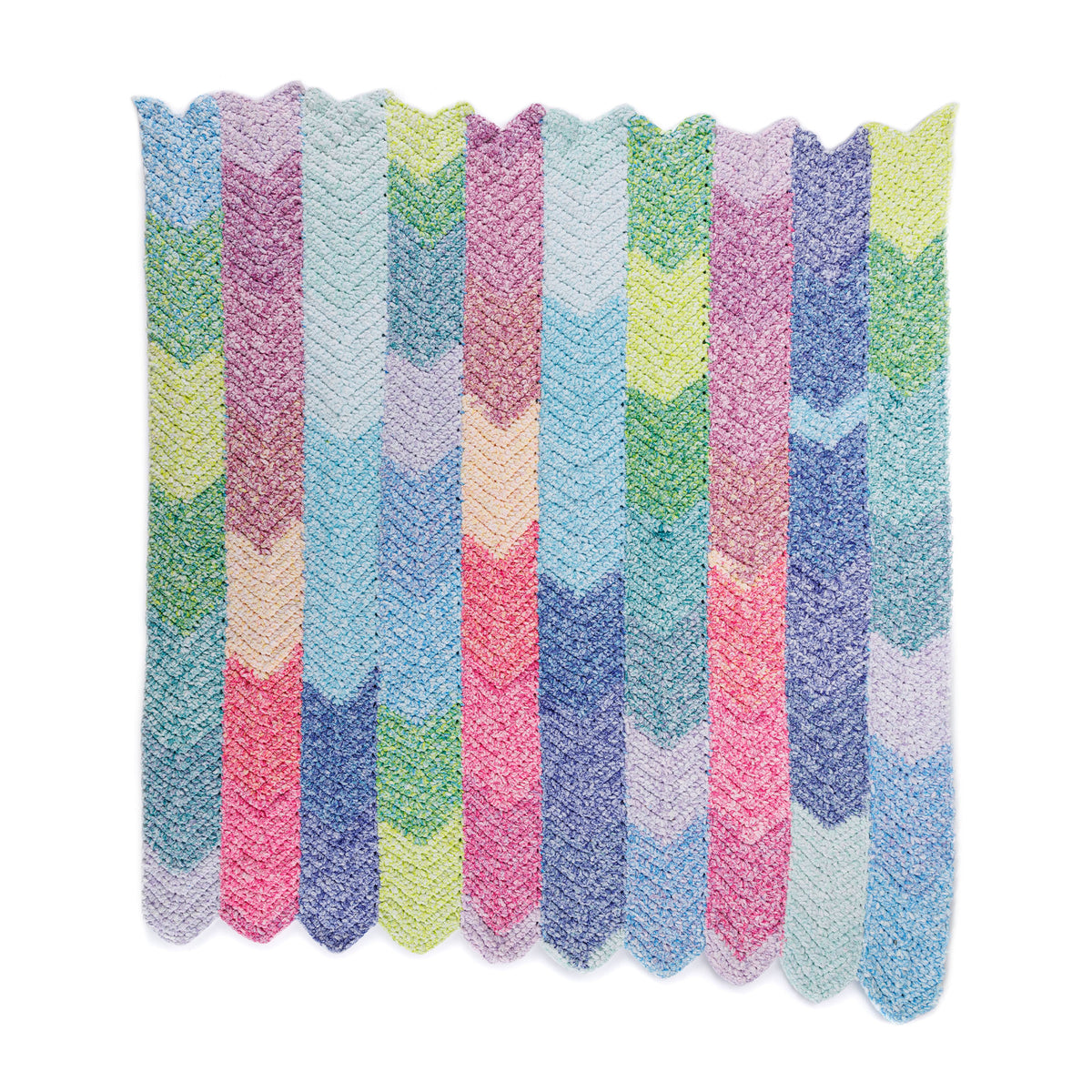 Color Cascade Crochet Blanket made using Bernat yarn on a white background