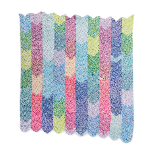 Color Cascade Crochet Blanket made using Bernat yarn on a white background